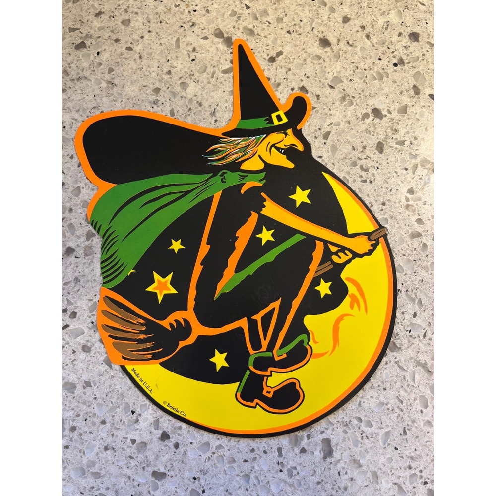 Beistle Halloween Witch on Broom Moon Cutout Decoration Made in USA